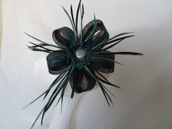 Black and Dark Green Tartan Celtic Lily Fascinator Brooch and Shoe Clip Set