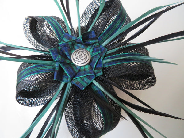 Black and Dark Green Tartan Celtic Lily Fascinator Brooch and Shoe Clip Set