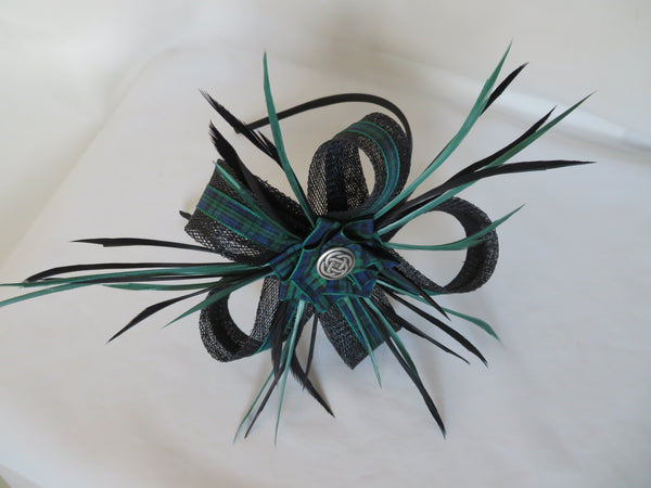 Black and Dark Green Tartan Celtic Lily Fascinator Brooch and Shoe Clip Set