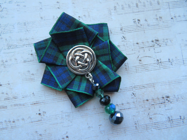 Black Watch Tartan Beaded Celtic Brooch