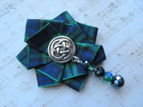 Black Watch Tartan Beaded Celtic Brooch
