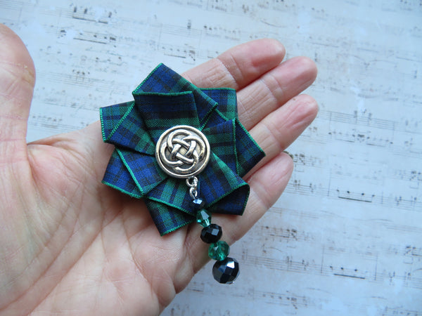 Black Watch Tartan Beaded Celtic Brooch