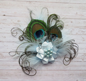 Pale Ice Blue Peacock Feather Hair Clip