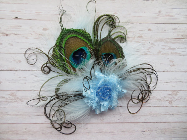 Pale Ice Blue Peacock Feather Hair Clip