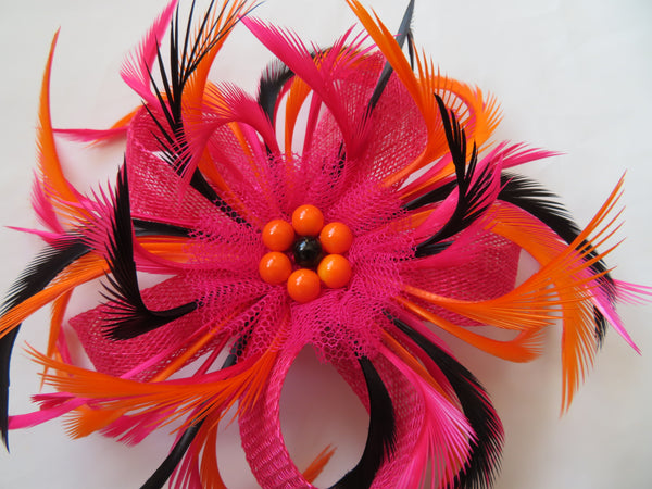 Cerise Pink Black and Orange Mini Lily Fascinator