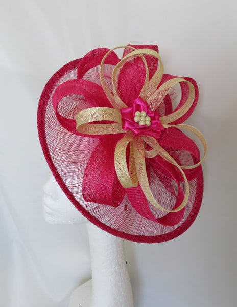 cerise pink and lemon yellow occasion hat for wedding or ascot