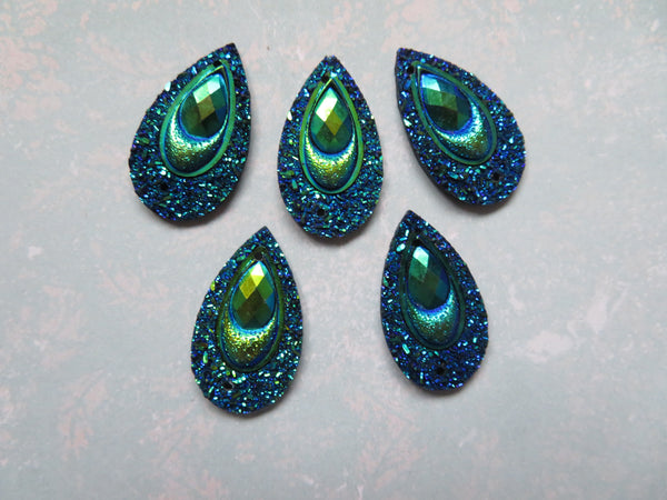 Resin Sparkly Glitter Peacock Sew On Cabochons x 5