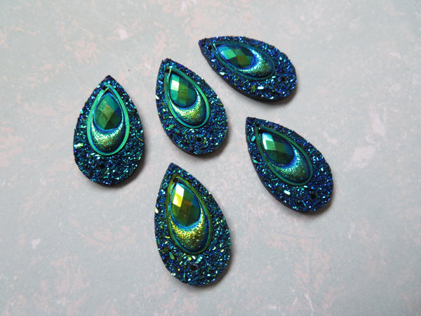 Resin Sparkly Glitter Peacock Sew On Cabochons x 5