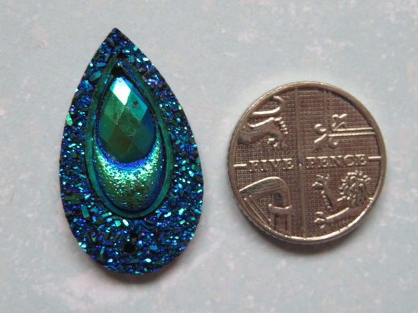 Resin Sparkly Glitter Peacock Sew On Cabochons x 5
