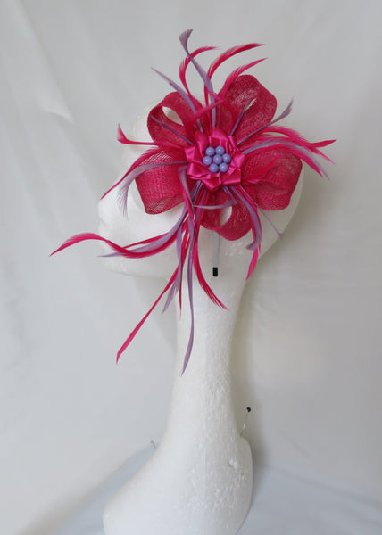 cerise pink and lilac feather fascinator