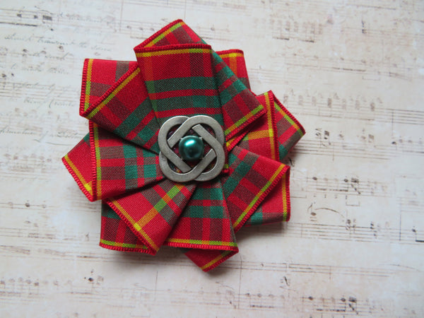 Wide Tartan Ribbon Ruffle Brooch or Hair Clip