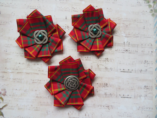Wide Tartan Ribbon Ruffle Brooch or Hair Clip