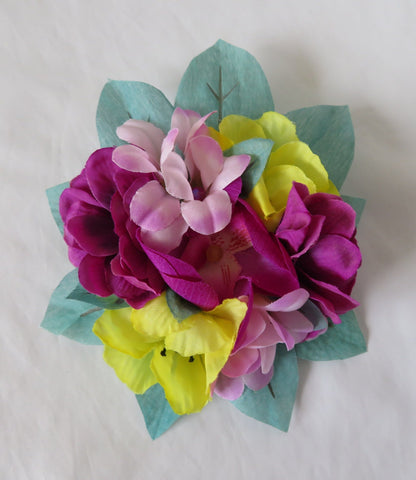 Aqua Pink and Yellow Penny Blossom Clip