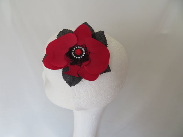 Scarlet Red Orchid and Black Flower Hair Clip