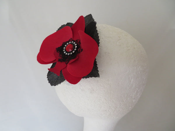 Scarlet Red Orchid and Black Flower Hair Clip