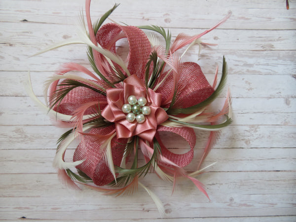 Dusky Pink Ivory and Olive Green Mini Lily Fascinator