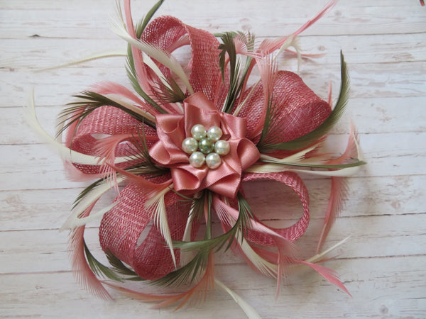 Dusky Pink Ivory and Olive Green Mini Lily Fascinator