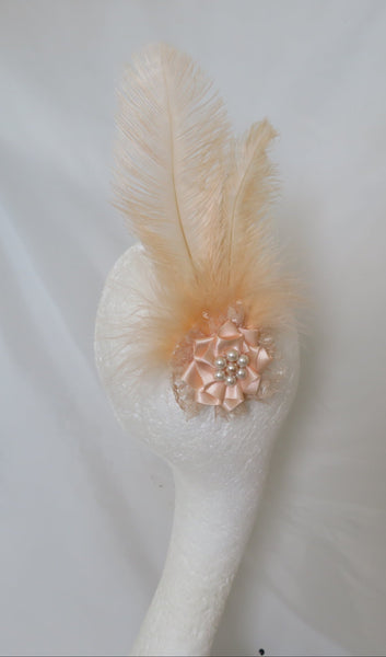 peach ostrich feather regency style plume headpiece with lace and pearl details, perfect for the jane austen festival, Bath 