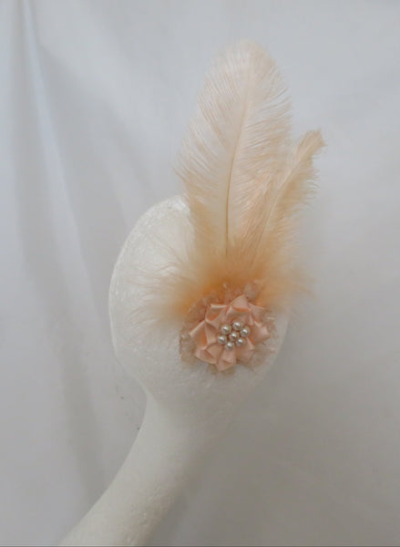 peach ostrich feather regency style plume headpiece with lace and pearl details, perfect for the jane austen festival, Bath 