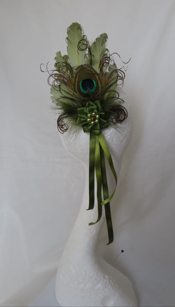 Olive green Regency feather hair clip with peacock feather, pearls & trailing ribbons. A romantic Jane Austen-inspired headpiece for Regency events.