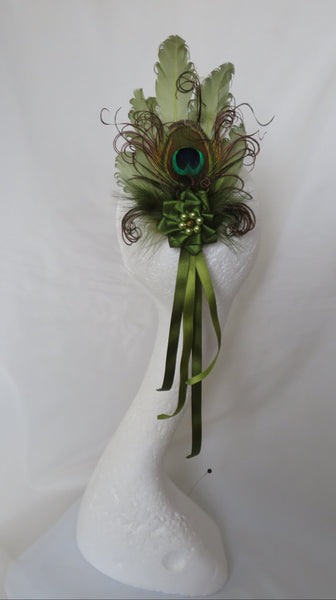 Olive green Regency feather hair clip with peacock feather, pearls & trailing ribbons. A romantic Jane Austen-inspired headpiece for Regency events.