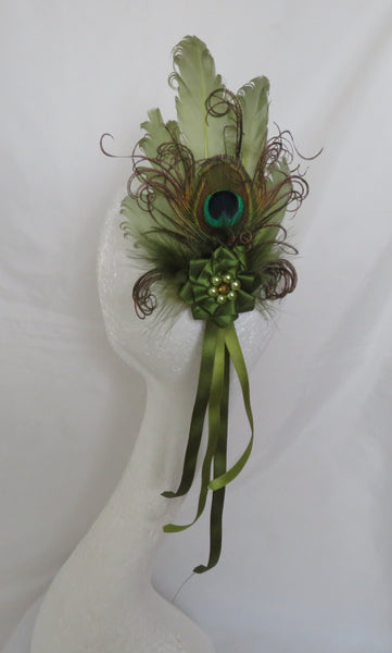 Olive green Regency feather hair clip with peacock feather, pearls & trailing ribbons. A romantic Jane Austen-inspired headpiece for Regency events.
