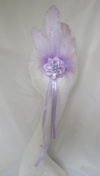 pale lilac feather and ribbon trail regency bridgerton style fascinator headpiece