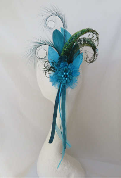 One-of-a-kind teal & peacock Regency feather headpiece with pearls and trailing ribbons. A dramatic Austen statement piece for festivals, balls & events.