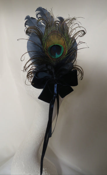 navy blue peacock feather regency feather headpiece for a jane austen festival