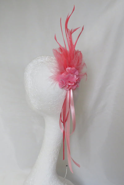 coral feather and raibbon trail flower fascinator for a regency ball or event, bridgerton styling
