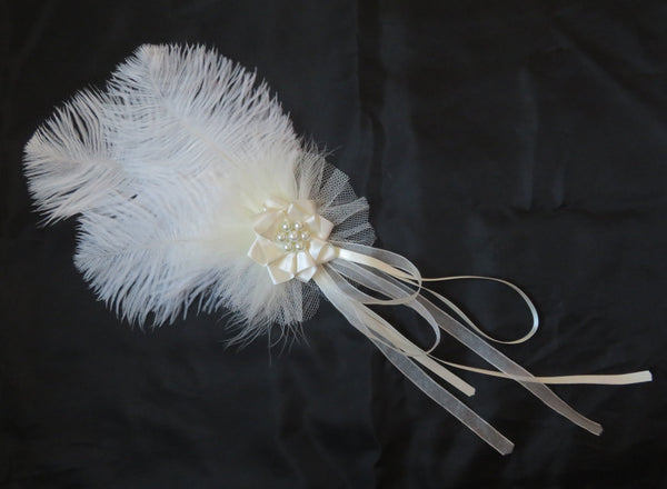 Ivory Regency feather hair clip headpiece with ostrich feathers, pearls, tulle and trailing ribbons. Austen-inspired vintage style for events and photography.