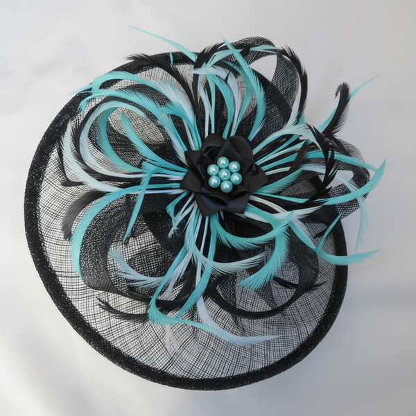 Black fascinator with aqua turquoise teal feathers and turquoise pearl beads