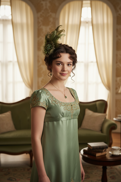 model wearing a sage green regency dress with olive green feather headpiece in a Bridgerton style