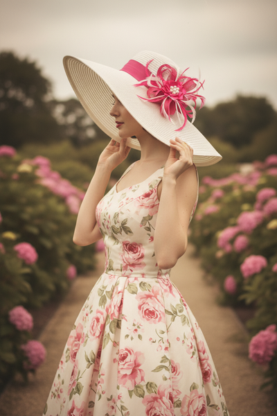 Vintage model with pink fascinator on white straw hat