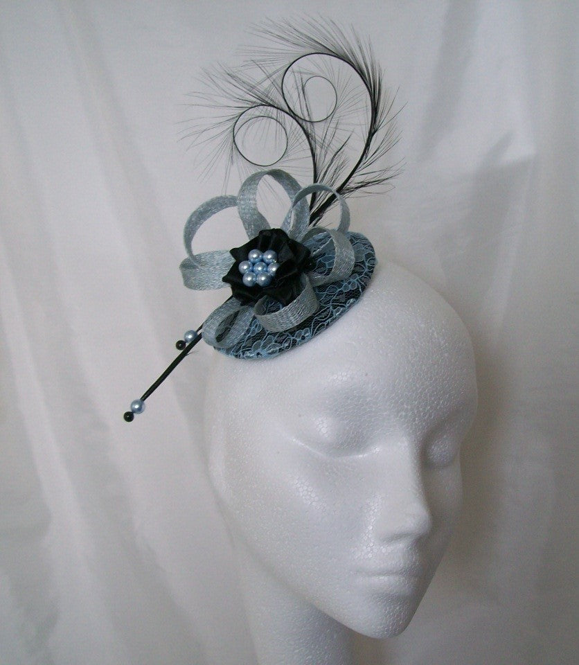 Pale Blue Lace Fascinator with Black Curl Feathers Ice Blue Baby Blues Sinamay Loops and Pearls Wedding Ascot - Made To Order