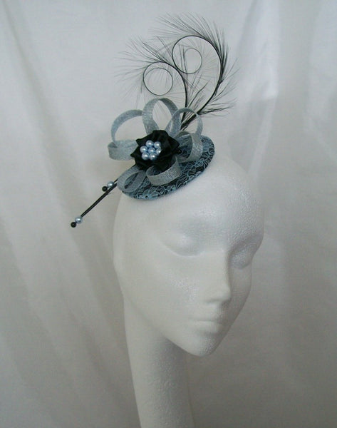 Pale Blue Lace Fascinator with Black Curl Feathers Ice Blue Baby Blues Sinamay Loops and Pearls Wedding Ascot - Made To Order