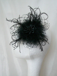 Black Fluff Feather Veil & Pearl Betsy Vintage Gothic Victorian Mini Fascinator Hair Clip - Ready Made.