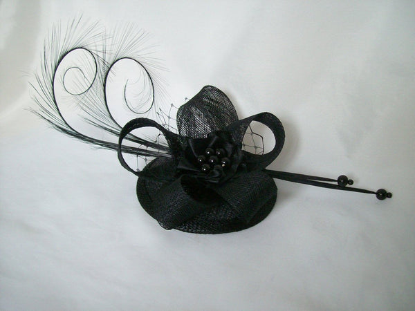 Black Isadora - Elegant Curl Feather Sinamay & Pearl Gothic Wedding Fascinator Mini Hat - Gothic Diva Wedding Designs