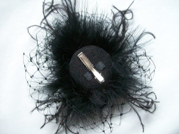 Black Fluff Feather Veil & Pearl Betsy Vintage Gothic Victorian Mini Fascinator Hair Clip - Ready Made.
