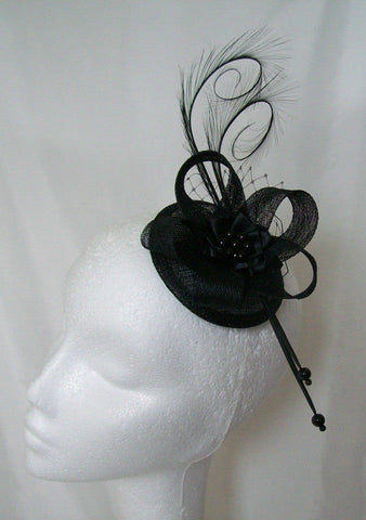 Black Isadora - Elegant Curl Feather Sinamay & Pearl Gothic Wedding Fascinator Mini Hat - Gothic Diva Wedding Designs