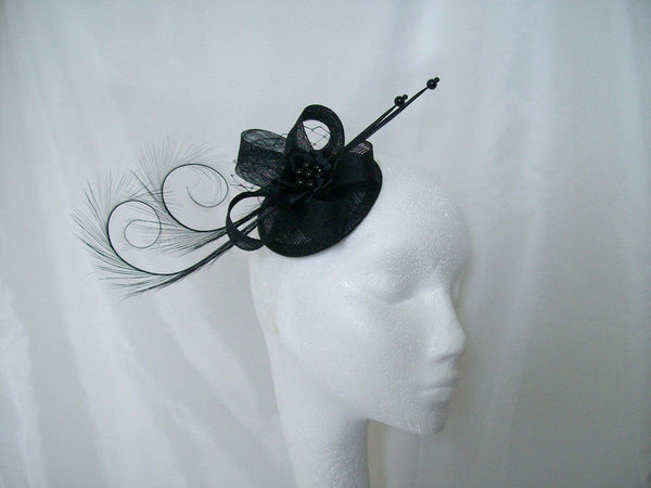 Black Isadora - Elegant Curl Feather Sinamay & Pearl Gothic Wedding Fascinator Mini Hat - Gothic Diva Wedding Designs