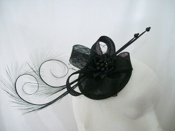 Black Isadora - Elegant Curl Feather Sinamay & Pearl Gothic Wedding Fascinator Mini Hat - Gothic Diva Wedding Designs