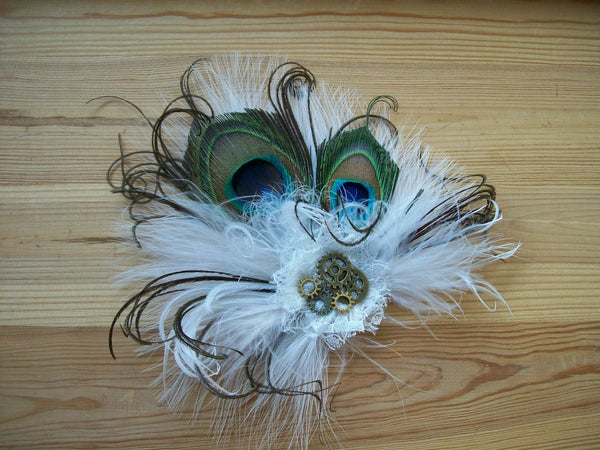 Small and Dainty Ivory Off White Steampunk Peacock Feather & Brass Cogs Bride Bridal Mini Fascinator Hair Clip - Ready Made