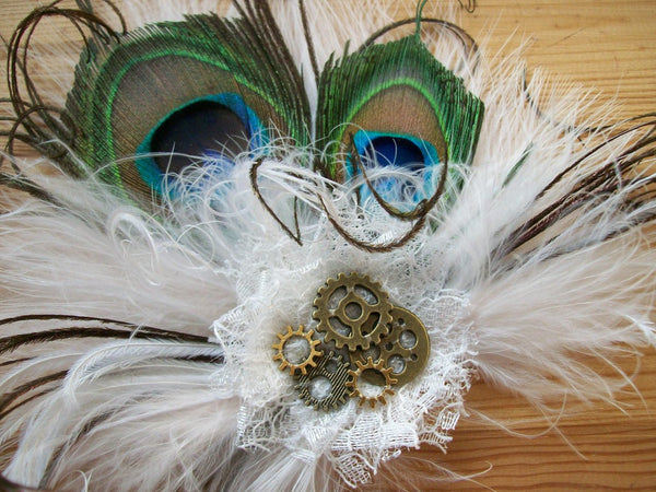 Small and Dainty Ivory Off White Steampunk Peacock Feather & Brass Cogs Bride Bridal Mini Fascinator Hair Clip - Ready Made