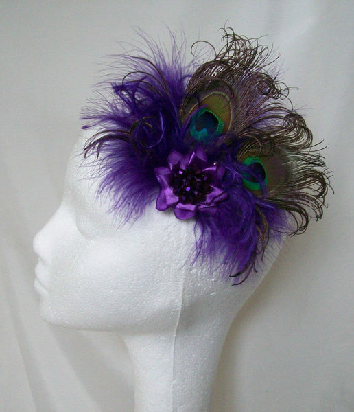 Deep Purple Burlesque Style Victoriana Peacock Feather Fascinator Hair Clip - Ready Made