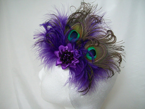 Deep Purple Burlesque Style Victoriana Peacock Feather Fascinator Hair Clip - Ready Made