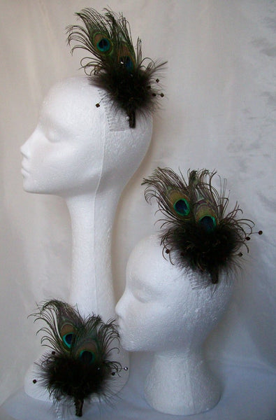 Black Victoriana -Peacock Feather & Crystal Pearl Burlesque Gothic Wedding Fascinator - Gothic Diva Wedding Designs