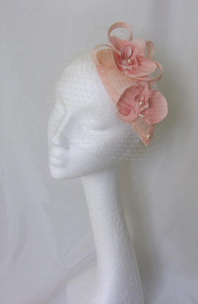 Pale Peach Veil Sinamay Loop Orchid Flower and Pearl Teardrop Wedding Fascinator Mini Hat - Custom Made to Order