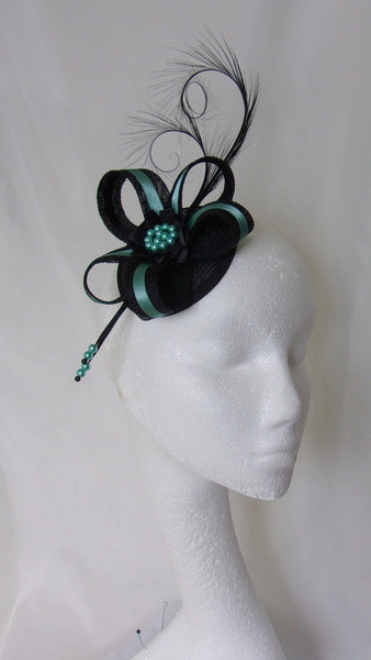 Light Teal Duck Egg Blue and Black Veiled Fascinator with Pheasant Curl Feathers Sinamay & Pearls Wedding Hat Ascot Derby - Made to Order