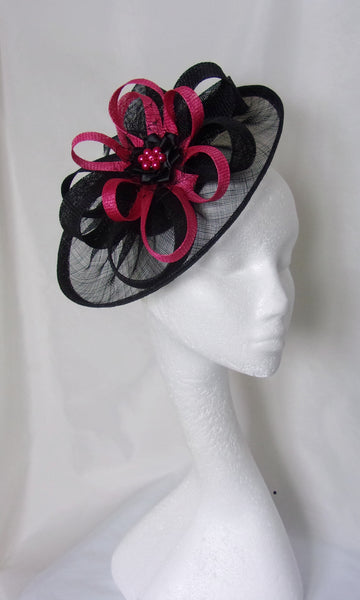 Black and Cerise Pink Hat - Sinamay Loops & Pearls Saucer Fascinator Formal Wedding Derby Ascot - Made to Order